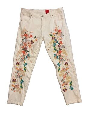 V Cristina White Embroidered Multicolor Floral Jeans Boho Cotton Stretch Vibrant